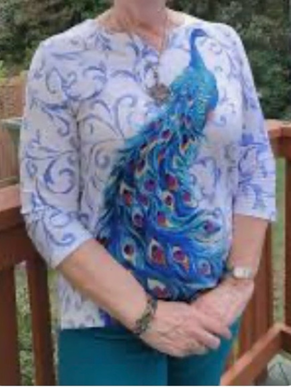 Alfred Dunner White Tunic with Vibrant Blue Peacock Design